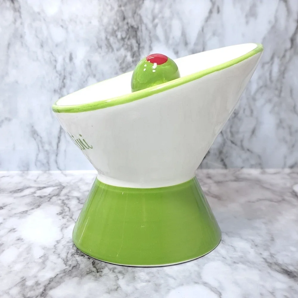 Mellow & Mod Cat Drinking Water Tall Bowl Meow-Tini Handcrafted Green/White